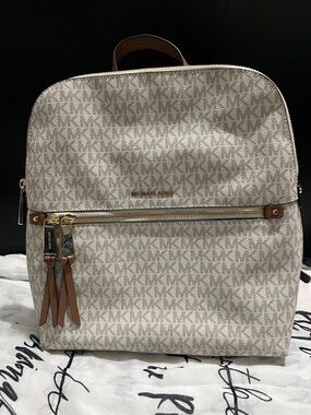 Michael Kors Cream MK Logo Backpack with Tan Trim